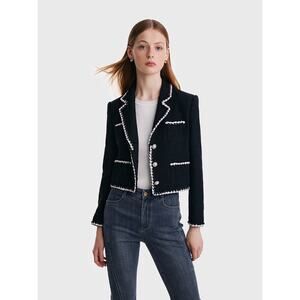 GOELIA Black Tweed Contrast Trim Cropped Blazer Jacket XL NWT